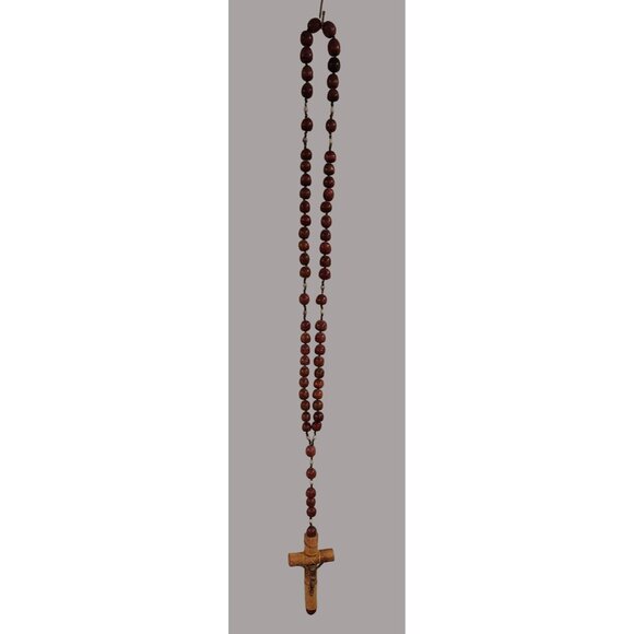 HUGE Handcrafted Wooden Rosary Necklace With Crucifix Red Beads & Yellow String - Picture 6 of 13